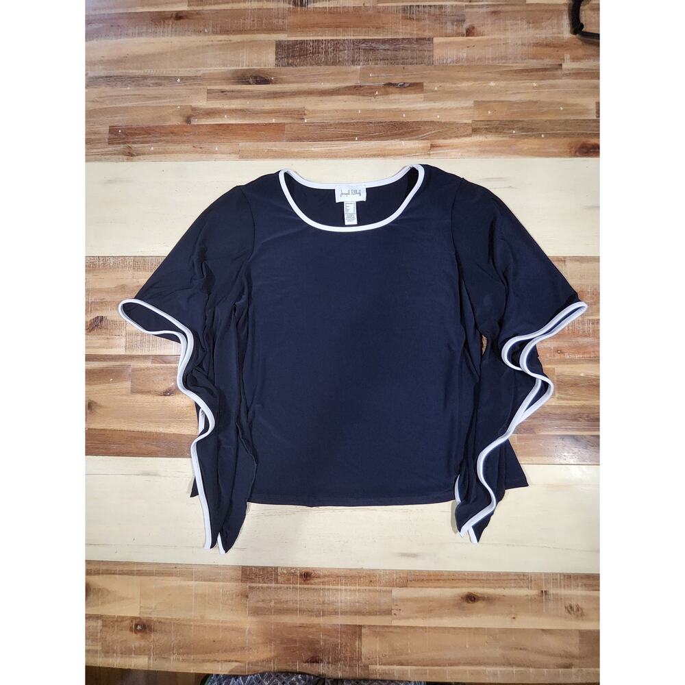 Joseph Ribkoff Navy White Trim Cape Sleeve Blouse Size 14